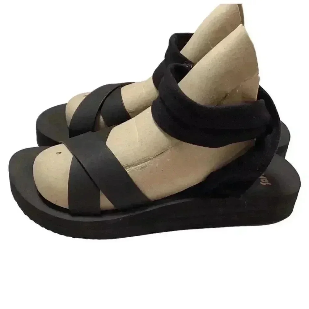 Sanuk Highland Sling ST Soft Top Womens 9 Black Platform Sandals Slip On NEW